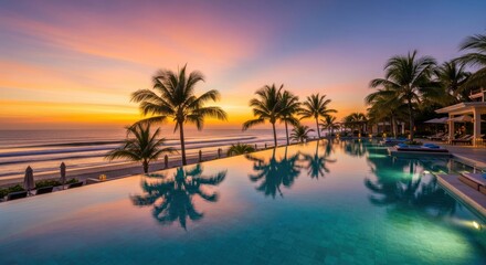 Serene infinity pool overlooks oceanfront resort during vibrant twilight