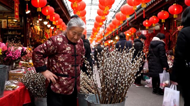 Elderly woman arranging pussy willow branches for sale in a bustling market during Chinese New Year.