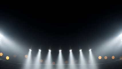 Illuminated stadium lights shining brightly in the dark night sky.