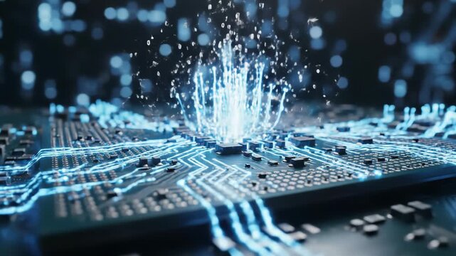 Close-up view of a complex printed circuit board with a central microprocessor emitting bright blue light and electrical pulses, signifying advanced technology.
