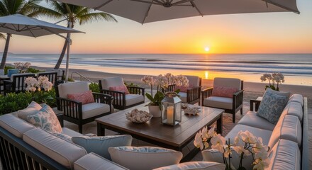 Obraz premium Elegant outdoor seating area overlooks serene ocean waves during a vibrant sunset