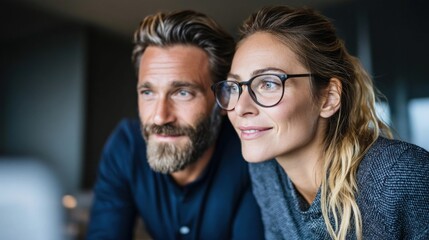 A couple shares a moment, both looking thoughtfully off to the side in a medium shot.