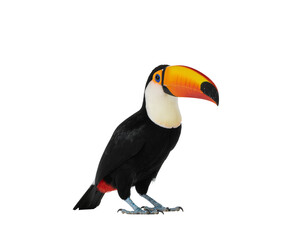 Fototapeta premium Toucan with vibrant orange beak perched, glossy black feathers and striking white throat
