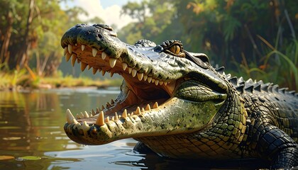 Obraz premium A close-up view of a large reptile with its mouth open, revealing sharp teeth, in a watery environment, with lush foliage