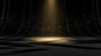 Elegant black fabric background with spotlight and shimmering particles.