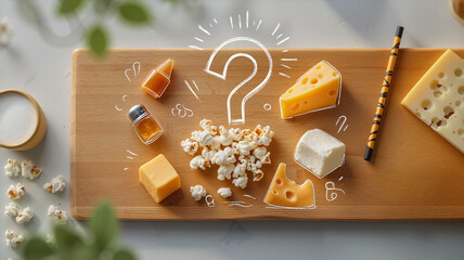popcorn on a wooden counter with crayon doodles of sweet and savory snacks under a large question mark