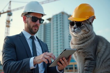 Feline Engineer and Contractor in Sunglasses and Business Attire Utilize BIM Technology and Augmented Reality on Tablet