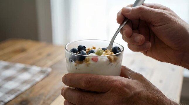 Close Up of Hands Holding Yogurt Parfait with Blueberries and Granola on a Spoon and in a Clear Glass Cup on Wooden Table