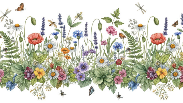 Watercolor floral seamless pattern with colorful wildflowers, leaves, plants and flying ies. Panoramic horizontal isolated illustration. Garden background in vintage style.