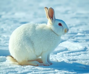 A white rabbit is sitting in the snow
