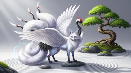 Two majestic white cranes with fox-like features standing in a serene, Japanese-inspired garden with a tree and rocks.
