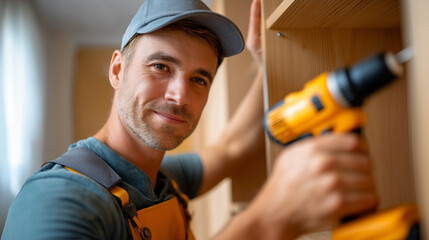 Tradesperson on ladder assembling wooden storage furniture with electric drill, wardrobe installation, home assembly, DIY furniture, carpentry service, interior setup, residential 