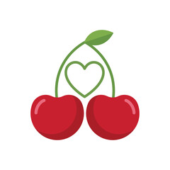 Two red cherries with green stems forming a heart shape vector illustration icon isolated