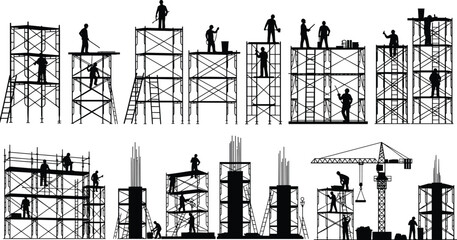 Naklejka premium Construction scaffolding workers silhouette set, builders on ladders platforms crane building site structure installation industrial vector illustration