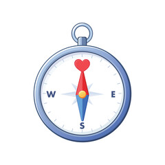 Silver magnetic compass with red heart shaped needle pointing direction vector illustration icon isolated
