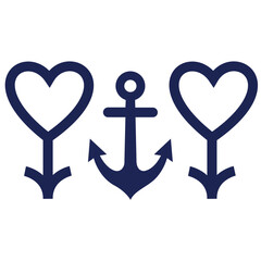 Nautical blue anchor between two heart symbols vector illustration icon isolated on white background