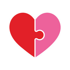 Red and pink heart shaped puzzle pieces connected vector illustration icon isolated