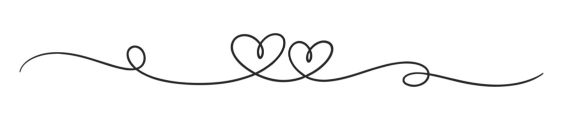 Heart line divider, romantic continuous line art border, minimal swirl ornament vector illustration on transparent background