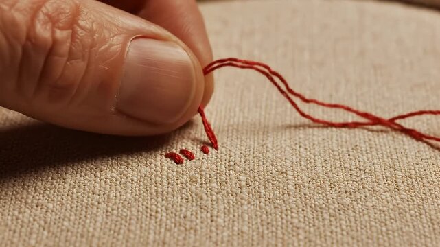 Detailed Hand Sewing Process with Needle and Thread.