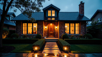 Charming brick house with warm lights glowing from windows, surrounded by manicured lawns and shrubs, creates cozy evening atmosphere