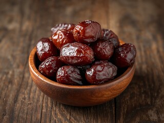 Obraz premium Shiny dried dates piled in a wooden bowl on a rustic table. Traditional healthy snack with warm natural tones.