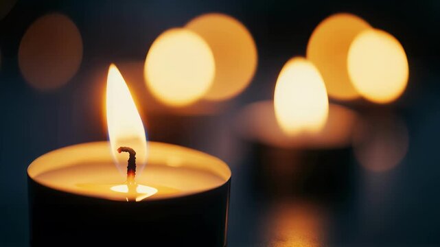 A single burning tealight candle with a flickering flame. Close-up in the dark with a soft bokeh background. Remembrance, memorial and spirituality concept