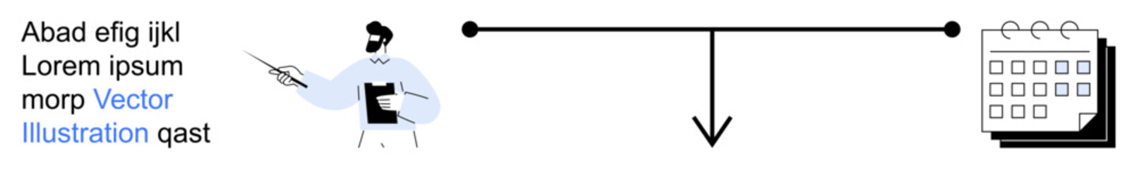 Obraz premium Business management, project timeline, scheduling, planning, workflow organization, teaching. Man holding clipboard pointing at timeline with calendar. Planning and scheduling concepts