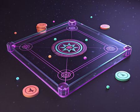 A digital illustration of a futuristic violet colour carrom board with holographic pieces.