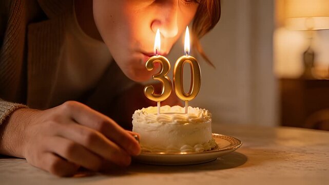 Celebrating 30th Birthday Lighting and Blowing Out Candles on a Small Cake.