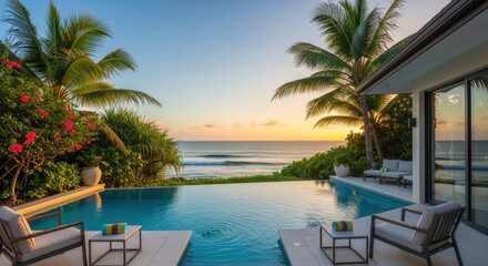 Fototapeta premium Luxurious infinity swimming pool overlooks ocean waves during tropical sunset