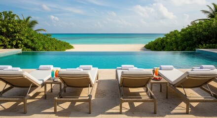 Naklejka premium Luxury poolside loungers overlook a stunning turquoise ocean and white sand beach