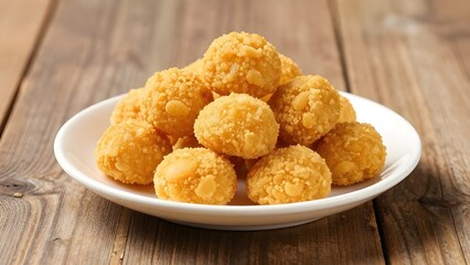 Crispy golden chicken nuggets served on white plate over rustic wooden background.