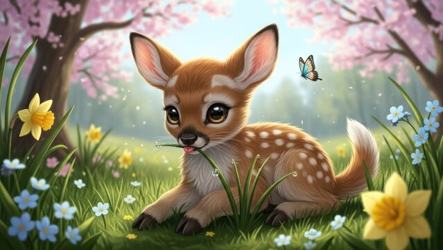 A cute fawn sitting in a grassy field with flowers and butterflies.