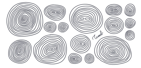 Set of various abstract growth rings of a tree. Line hand drawn design of a timber stump. Tree cut pattern. Wooden organic slice line creation. Vector contour topographic map concept. © LanaSham