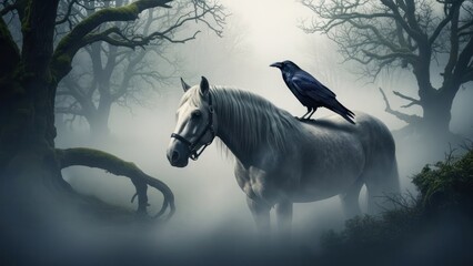 Obraz premium A white horse with a black raven perched on its back in a misty, forested environment.