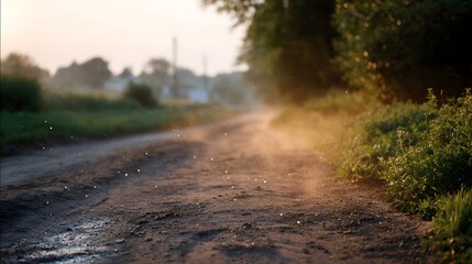 A dusty rural road bathed in the warm glow of sunrise with shimmering motes of dust dancing in the air