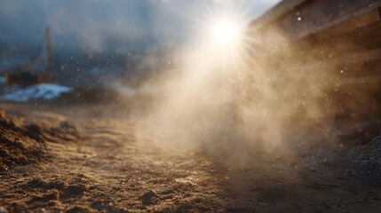 Dramatic sun rays illuminate swirling dust particles and debris on a textured ground at an outdoor construction site