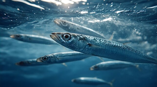 Group of small silver fish swimming in a vibrant blue ocean, forming a school and reflecting sunlight from the water's surface, showcasing marine life and aquatic environment