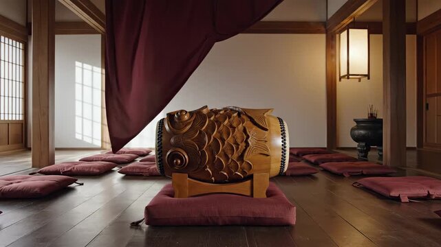 Traditional Japanese Room With Large Wooden Drum Decorated With Carvings Surrounded By Meditation Cushions and Soft Natural Light Streaming Through Shoji Screens Creating a Serene Ambiance