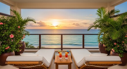 Naklejka premium Luxury balcony offers stunning ocean vista during tropical sunset