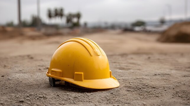 A bright yellow construction hard hat rests on the dusty rough ground of an active building site representing industry safety and hard work