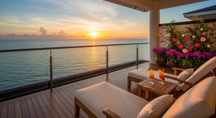 Luxurious oceanfront balcony offers stunning sunset views with tropical cocktails