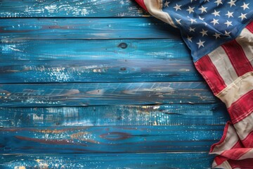 American flag on rustic royal blue wood background