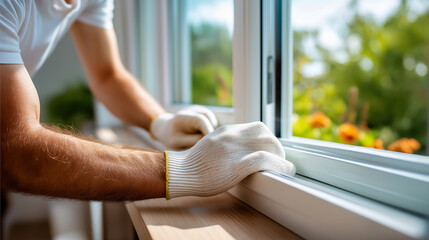 Skilled hands in white gloves installing weatherstripping seal on modern window frame, insulation improvement, energy efficiency, window sealing, home weatherization, professional 