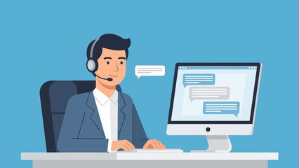 Man Wearing Headset Working on Computer.