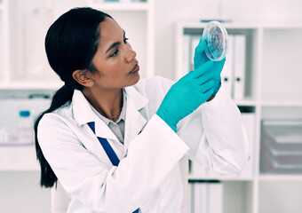Scientist, woman and inspection of petri dish sample in laboratory for research analysis, particles and check growth. Female person, study and researcher for biotechnology review of dna science data