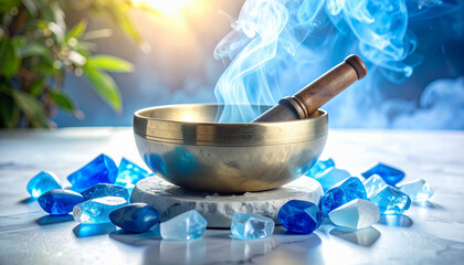 Bowl with wooden stick and blue stones surrounded by smoke on a white surface in bright light