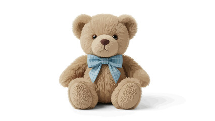 Obraz premium Cute brown teddy bear with blue bow tie sitting on white background looking adorable and friendly