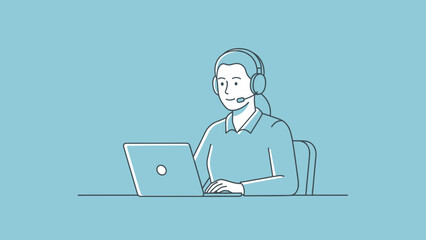 Woman Wearing Headset Using Laptop Computer.