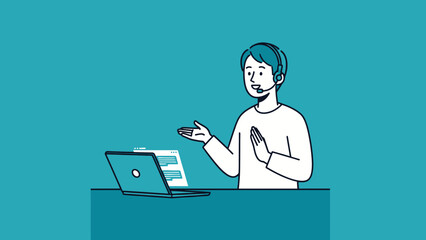 Man Wearing Headset Working on Laptop.